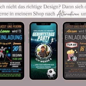 Op de afbeelding: Drie kleurrijke telefoon schermmocups met verjaardagsuitnodigingen. De eerste uitnodiging is voor een lasergame feest met een zwarte achtergrond en neon groene, gele en rode tekst. De tweede uitnodiging is voor een voetbalfeest met een groene achtergrond en blauwe tekst. De derde uitnodiging is voor een filmfeest met een zwarte achtergrond en rode, witte en gele tekst.