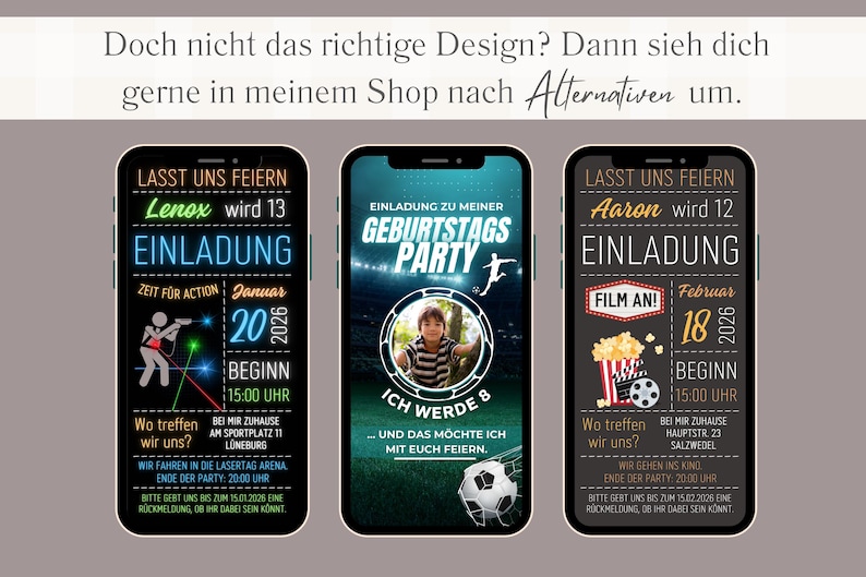 Op de afbeelding: Drie kleurrijke telefoon schermmocups met verjaardagsuitnodigingen. De eerste uitnodiging is voor een lasergame feest met een zwarte achtergrond en neon groene, gele en rode tekst. De tweede uitnodiging is voor een voetbalfeest met een groene achtergrond en blauwe tekst. De derde uitnodiging is voor een filmfeest met een zwarte achtergrond en rode, witte en gele tekst.
