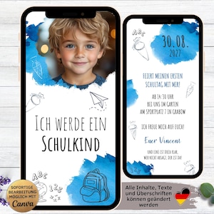Digitale Einladung zur Einschulung Farbflecken blau mit Foto | Ecard Schuleinführung für WhatsApp | Schulkind | Schulanfang | Schulstart