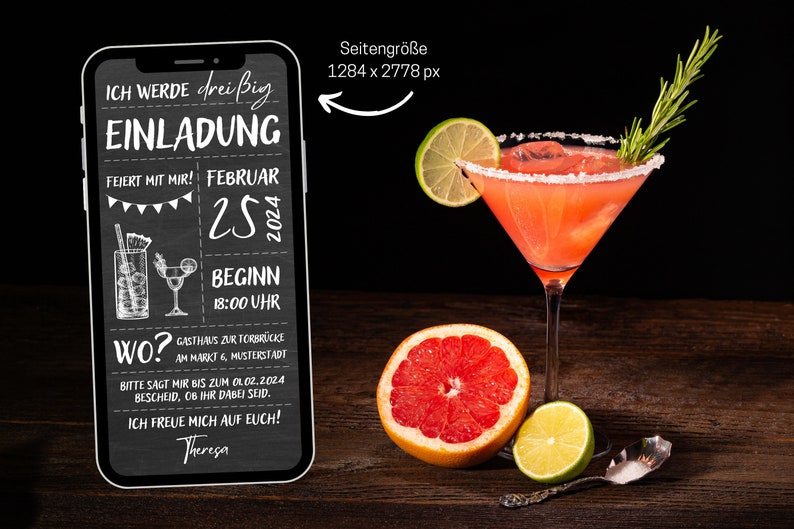 Digitale eCard Geburtstagseinladung Motiv Cocktails schwarz weiß zum Versenden per Whatsapp Bild 4