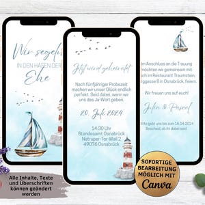 Digitale maritime Hochzeitseinladung für Whatsapp | Save the Date Einladung Segelboot Leuchtturm | Hochzeit am Meer Strand | Boot Schiff