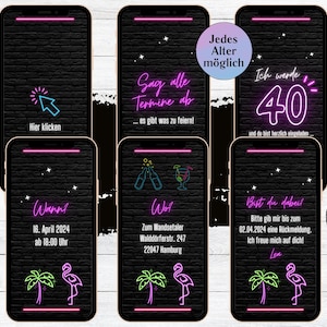 eCARD Geburtstags Party Einladung für 18. 20. 30. 40. 50. Geburtstag | digitale WhatsApp Einladung Geburtstagsparty neon Flamingo für Frau