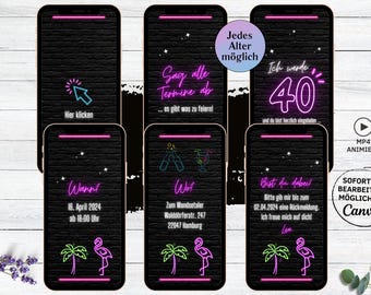 eCARD birthday party invitation for 18th, 20th, 30th, 40th, 50th birthday | digital WhatsApp birthday party invitation neon flamingo for women
