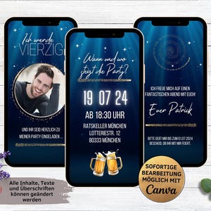 eCARD Geburtstagsparty Einladung für 18. 20. 30. 40. 50. 60. Geburtstag blau | digitale WhatsApp Geburtstagseinladung Bier mit Foto für Mann