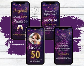 eCARD Prosecco birthday party invitation for 30th 40th 50th 60th, digital WhatsApp invitation purple pink gold with photo youth is out