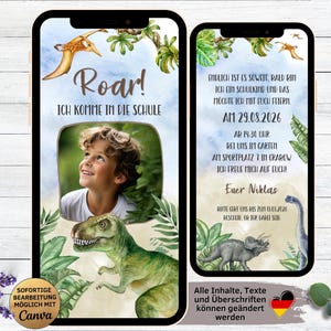 Convite digital para dinossauros de matrícula escolar | cartão eletrônico animado para WhatsApp Dino |  criança em idade escolar | De volta às aulas | Início da escola T-Rex com foto