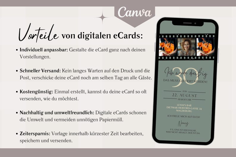 May include: A green and white digital invitation card with a film strip border. The card says "I'm turning thirty!" and "This must be celebrated!" with a date and location for the event. The card also features a photo of a woman in a green shirt.