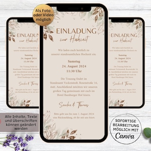Digitale eCard Boho Hochzeitseinladung Vorlage | personalisierbare Save the date Einladung Blätter Feder |  Einladung zur Hochzeit beige