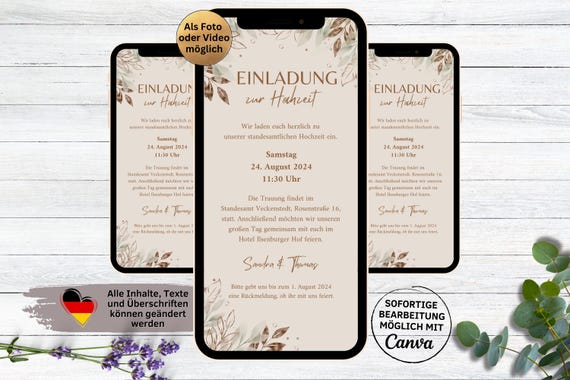 Digitale eCard Boho Hochzeitseinladung Vorlage | personalisierbare Save the date Einladung Blätter Feder |  Einladung zur Hochzeit beige