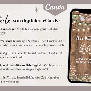 Pode incluir: Um cart&atilde;o de convite digital com fundo de madeira r&uacute;stico e uma guirlanda de luzes. O texto diz "ICH WERDE 40... UND DAS M&Ouml;CHTE ICH MIT EUCH FEIERN".