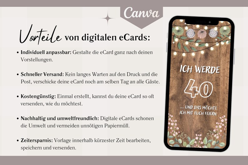 Pode incluir: Um cart&atilde;o de convite digital com fundo de madeira r&uacute;stico e uma guirlanda de luzes. O texto diz "ICH WERDE 40... UND DAS M&Ouml;CHTE ICH MIT EUCH FEIERN".