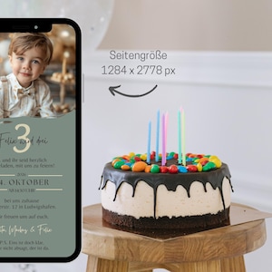 May include: A green and gold birthday invitation with a photo of a young boy. The invitation says "Felix wird drei" and includes the date "24. Oktober 2019".