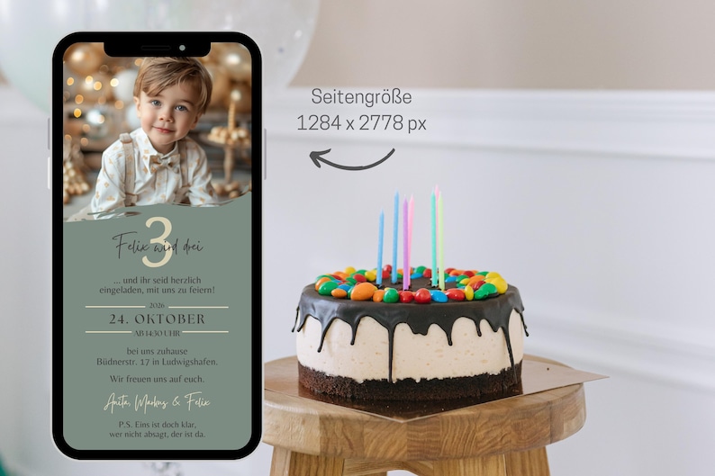 May include: A green and gold birthday invitation with a photo of a young boy. The invitation says "Felix wird drei" and includes the date "24. Oktober 2019".