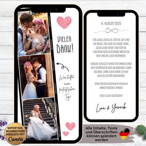eCard Danksagung Hochzeit Fotostreifen weiß rotes Herz, animierte digitale Danksagungskarte Hochzeitstag für WhatsApp mit drei Fotos