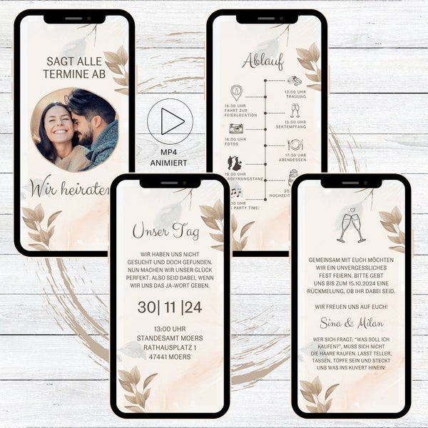 eCard digital wedding invitation autumn winter leaves video for Whatsapp, personalized animated save the date invitation with photo