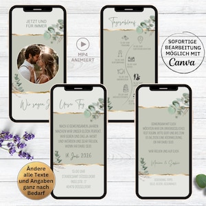 Hochzeitseinladung Video für Whatsapp Eukalyptus Gold edel | personalisierbare digitale Save the Date Einladung grün floral Blätter eCard