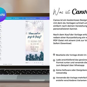 May include: A laptop screen displaying a Canva design interface with a digital party invitation template featuring snowflakes, pine branches, and the German text Wann und wo steigt die Party? 13. Dezember 2028 ab 17:00 Uhr.