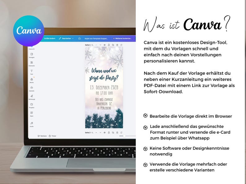 May include: A laptop screen displaying a Canva design interface with a digital party invitation template featuring snowflakes, pine branches, and the German text Wann und wo steigt die Party? 13. Dezember 2028 ab 17:00 Uhr.