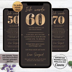 Einladung zum Geburtstag gold braun digital, eCard zum Versenden per WhatsApp, runder Geburtstag, 30. 40. 50. 60. 70. 80. Geburtstag