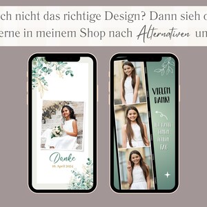 May include: Two phone screen mockups with green and white floral designs. The left mockup shows a photo of a girl in a white dress holding a bouquet of flowers with the text "Danke 16. April 2023". The right mockup shows three photos of a girl in a white dress with the text "Vielen Dank!"