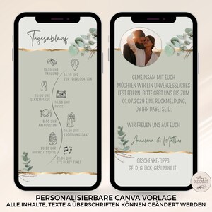 May include: Two smartphones displaying a digital wedding invitation template with a sage green background, gold foil accents, and eucalyptus illustrations. The screens show a timeline of events, a couple's photo, and text in German.