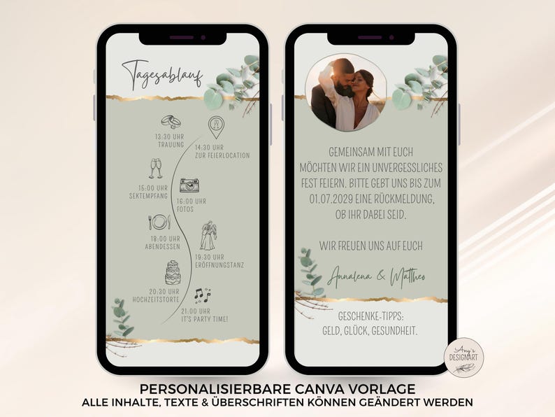 May include: Two smartphones displaying a digital wedding invitation template with a sage green background, gold foil accents, and eucalyptus illustrations. The screens show a timeline of events, a couple's photo, and text in German.