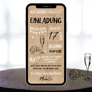 Digitale Geburtstagseinladung Brunch Sekt Frühstück schwarz weiß Kraftpapier Foto eCard zum Versenden per Whatsapp Bild 1