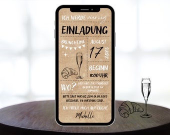 Digitale Geburtstagseinladung Brunch Sekt Frühstück schwarz weiß Kraftpapier | Foto eCard zum Versenden per Whatsapp