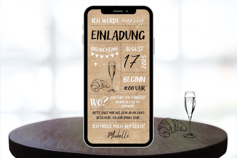 Digitale Geburtstagseinladung Brunch Sekt Frühstück schwarz weiß Kraftpapier Foto eCard zum Versenden per Whatsapp Bild 1