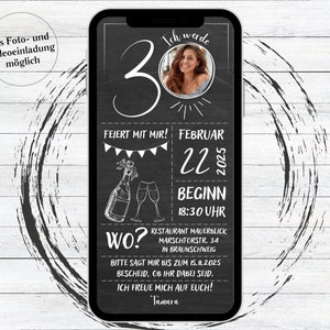 Digital birthday invitation champagne board black white eCard to send via Whatsapp with photo image 1