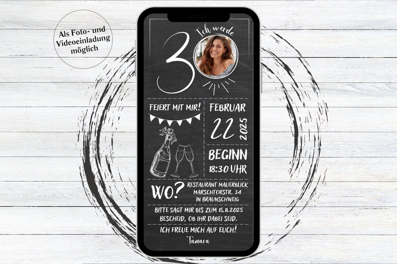 Digital birthday invitation champagne board black white eCard to send via Whatsapp with photo image 1