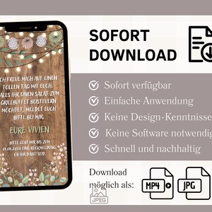Pode incluir: Um download digital para um convite imprim&iacute;vel com um fundo de madeira r&uacute;stico, luzes de corda e detalhes florais. O texto diz "Ich freue mich auf einen tollen Tag mit euch. Falls ihr einen Salat zum Grillbuffet beisteuern m&ouml;chtet, meldet euch bitte bei mir. Eure Vivien. Bitte gebt mir bis zum 01.07.2023 eine R&uuml;ckmeldung, ob ihr dabei seid."