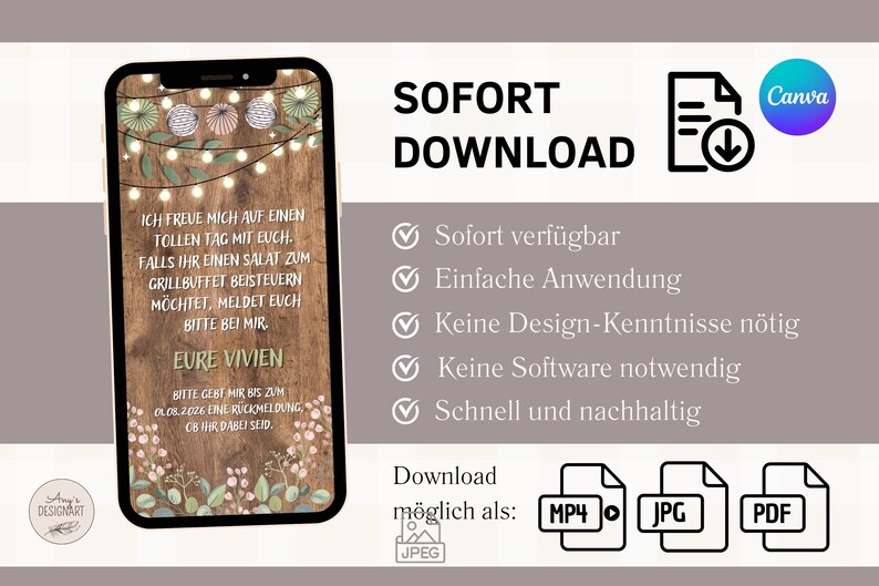 Pode incluir: Um download digital para um convite imprim&iacute;vel com um fundo de madeira r&uacute;stico, luzes de corda e detalhes florais. O texto diz "Ich freue mich auf einen tollen Tag mit euch. Falls ihr einen Salat zum Grillbuffet beisteuern m&ouml;chtet, meldet euch bitte bei mir. Eure Vivien. Bitte gebt mir bis zum 01.07.2023 eine R&uuml;ckmeldung, ob ihr dabei seid."