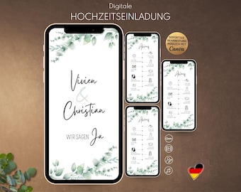 May include: Digital wedding invitation templates displayed on three smartphone screens. The designs feature green eucalyptus leaf illustrations, the names Vivien & Christian, and the text WIR SAGEN JA. Includes a timeline schedule.