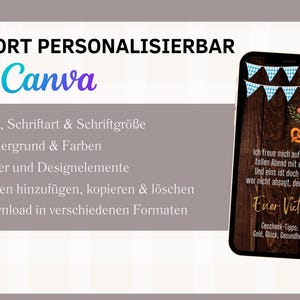 K&ouml;nnte beinhalten: Eine anpassbare Handy-Hintergrundvorlage mit bayerischem Thema. Die Vorlage zeigt einen Holz-Hintergrund mit blau-wei&szlig; kariertem Wimpel, einem Brezel, einer Wurst und dem Text "Ich freue mich auf einen tollen Abend mit euch! Und eins ist doch klar. Wer nicht absagt, der ist da! Euer Victor" in Deutsch. Die Vorlage enth&auml;lt auch den Text "Geschenk-Tipps: Geld, Gl&uuml;ck, Gesundheit" in Deutsch.