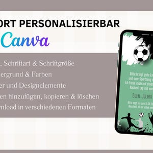 Op de afbeelding: Een groen en zwart mobiel telefoonscherm met een voetbalthema-uitnodiging. De uitnodiging luidt: "Bitte bringt gute Laune und euer Sportzeug mit. Ich freue mich auf einen tollen Nachmittag mit euch. Euer Julian. Bitte sagt bis zum 01.08.2025 Bescheid, ob ihr dabei seid."