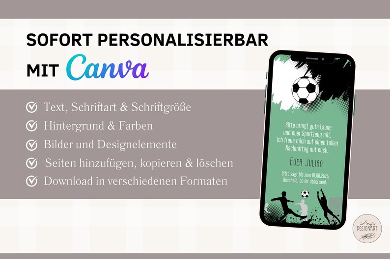 Op de afbeelding: Een groen en zwart mobiel telefoonscherm met een voetbalthema-uitnodiging. De uitnodiging luidt: "Bitte bringt gute Laune und euer Sportzeug mit. Ich freue mich auf einen tollen Nachmittag mit euch. Euer Julian. Bitte sagt bis zum 01.08.2025 Bescheid, ob ihr dabei seid."