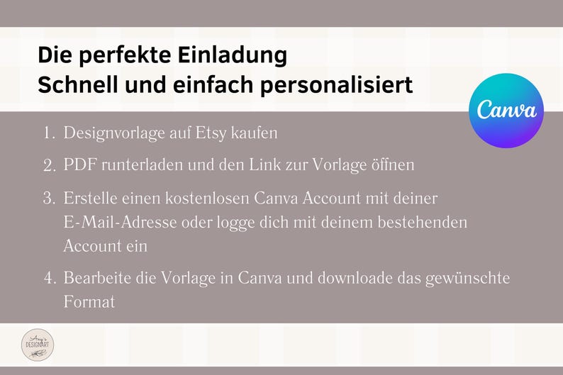 Pode incluir: Um fundo cinza claro com texto branco que explica como personalizar um convite usando Canva. O texto diz: "Die perfekte Einladung Schnell und einfach personalisiert 1. Designvorlage auf Etsy kaufen 2. PDF runterladen und den Link zur Vorlage &ouml;ffnen 3. Erstelle einen kostenlosen Canva Account mit deiner E-Mail-Adresse oder logge dich mit deinem bestehenden Account ein 4. Bearbeite die Vorlage in Canva und downloade das gew&uuml;nschte Format". O logotipo do Canva est&aacute; no canto superior direito da imagem.