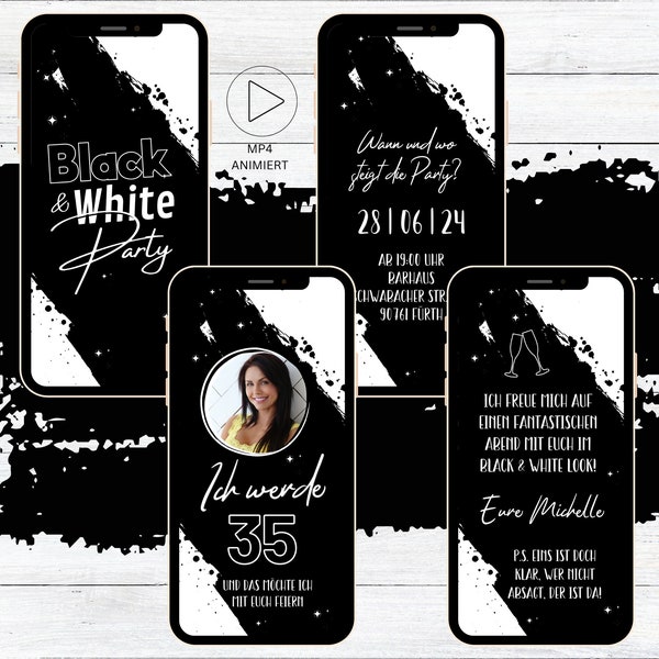 Black and White Geburtstags Motto Party Einladung für 18. 20. 30. 40. 50. 60. Geburtstag personalisierbare Geburtstagseinladung