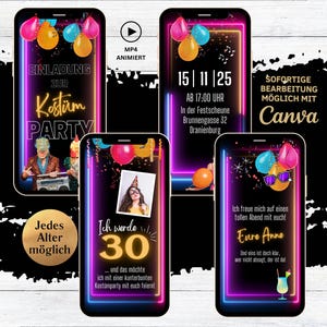 Invito alla festa in costume digitale | Festa di compleanno a tema carnevale per il 20° 30° 40° compleanno | Invito di compleanno personalizzabile al neon