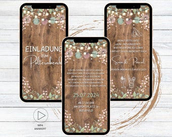 eCard digitale Einladung Polterabend rustikal für WhatsApp, personalisierbare animierte Polterabendeinladung Holz Lampions floral