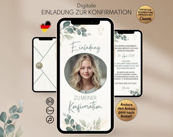 May include: A digital confirmation invitation template displayed on three smartphones, featuring a central oval photo frame, eucalyptus leaf illustrations, a cross icon, and German text including Einladung zu meiner Konfirmation.