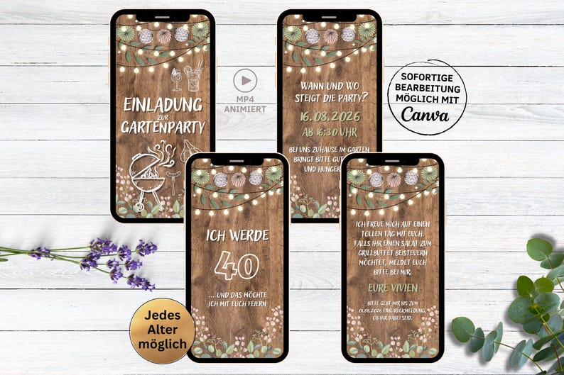 Pode incluir: Quatro convites digitais para uma festa no jardim. Os convites est&atilde;o sobre um fundo de madeira com luzes de corda e flores. O texto nos convites diz "Einladung zur Gartenparty", "Wann und wo steigt die Party? 16.08.2026 ab 16:30 Uhr", "Ich werde 40... und das m&ouml;chte ich mit euch feiern", e "Ich freue mich auf einen tollen Tag mit euch. Falls ihr einen Salat zum Grillbuffet bestellen m&ouml;chtet, meldet euch bitte bei mir. Eure Vivien".