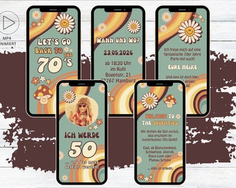 eCard 70er Jahre Retro Geburtstags Mottoparty Einladung Flower Power | digitale Geburtstagseinladung 1970er Retro Feier vintage Pilz Blumen