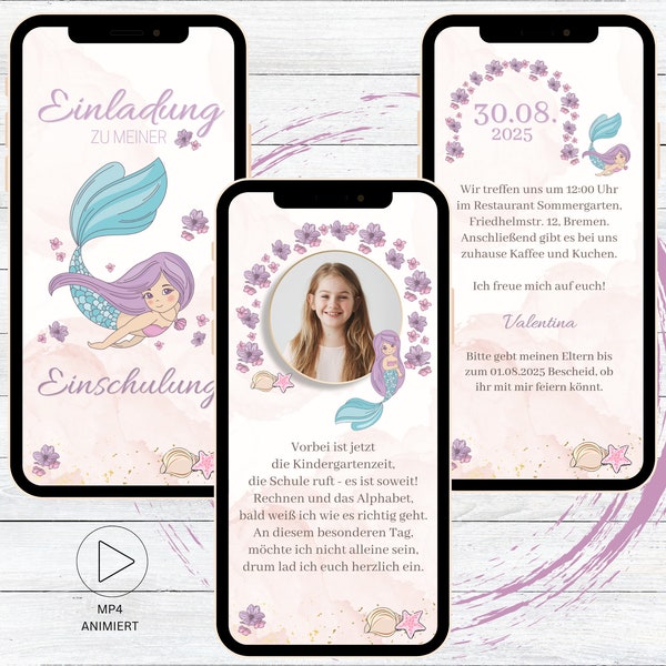 Digital invitation to school enrollment mermaid purple flowers, animated ecard to send via WhatsApp, school child, beginning of school, school start