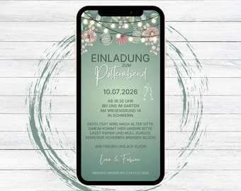 eCard digitale Einladung Polterabend grün für WhatsApp, personalisierbare elektronische Polterabendeinladung Garten Lampions