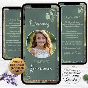 Einladung für Kommunion grün gold Eukalyptus | Heilige Erstkommunion | Firmung | Konfirmation | digitale Whatsapp Einladungskarte mit Foto