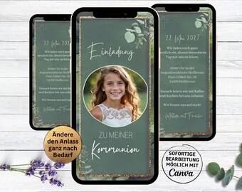 May include: Three smartphone screens displaying a green invitation design for a communion. The design includes a photo of a girl, text, and decorative elements. The text includes the date, time, and location.