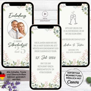 Zilveren trouwuitnodiging digitaal voor WhatsApp | eCard klantgerichte huwelijksverjaardag uitnodigingskaart bloemen bloemen | Zilveren bruiloft