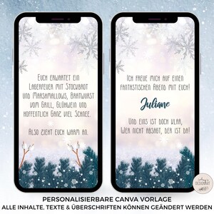 May include: Two smartphones displaying digital invitation templates with a winter theme featuring pine branches, snowflakes, and German text. The screens show event details about a campfire, food, and drinks, with a signature name Juliane.